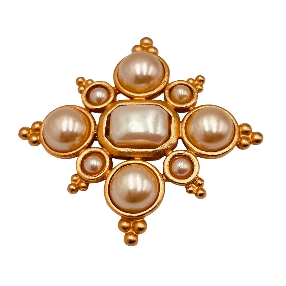 Maeve Carr New York Vintage Gold Tone Faux Pearl Byzantine Cross Brooch Pin
